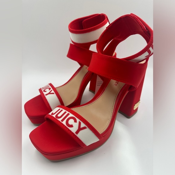 Juicy Couture Glisten Platform Heels Womens 8 Red Ankle Strap Shoes Blook Heel - Picture 2 of 9